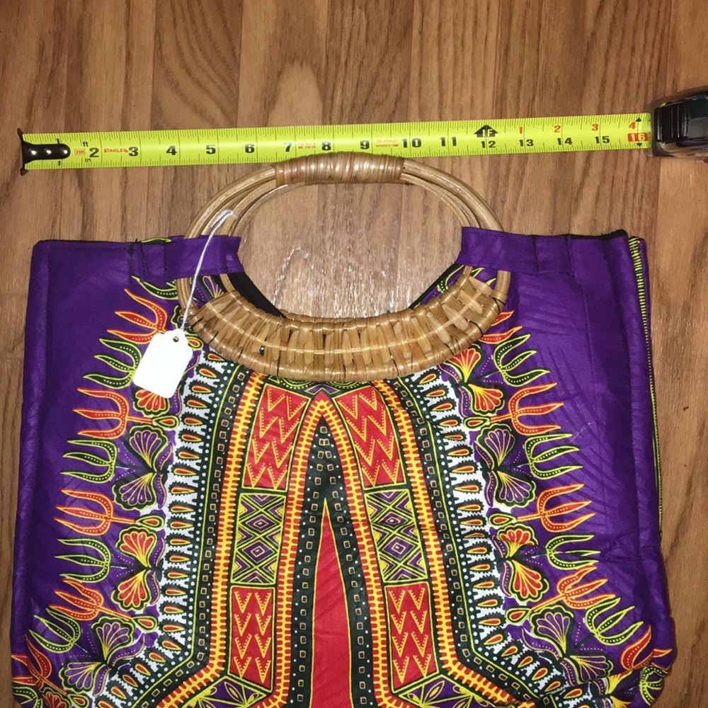 Kente cloth print tote with wicker handles